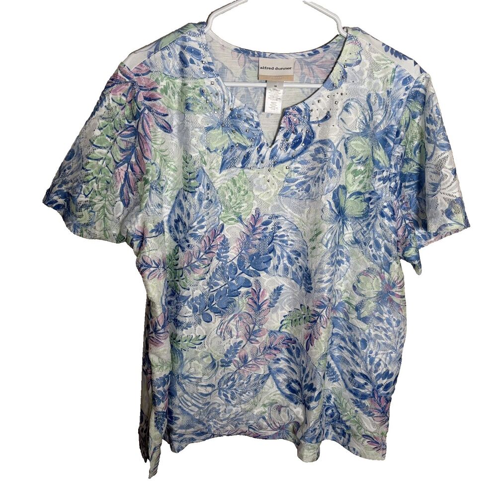 Alfred Dunner Blouse Women's 1X V-Neck Rhinestone Short Sleeve Floral Top